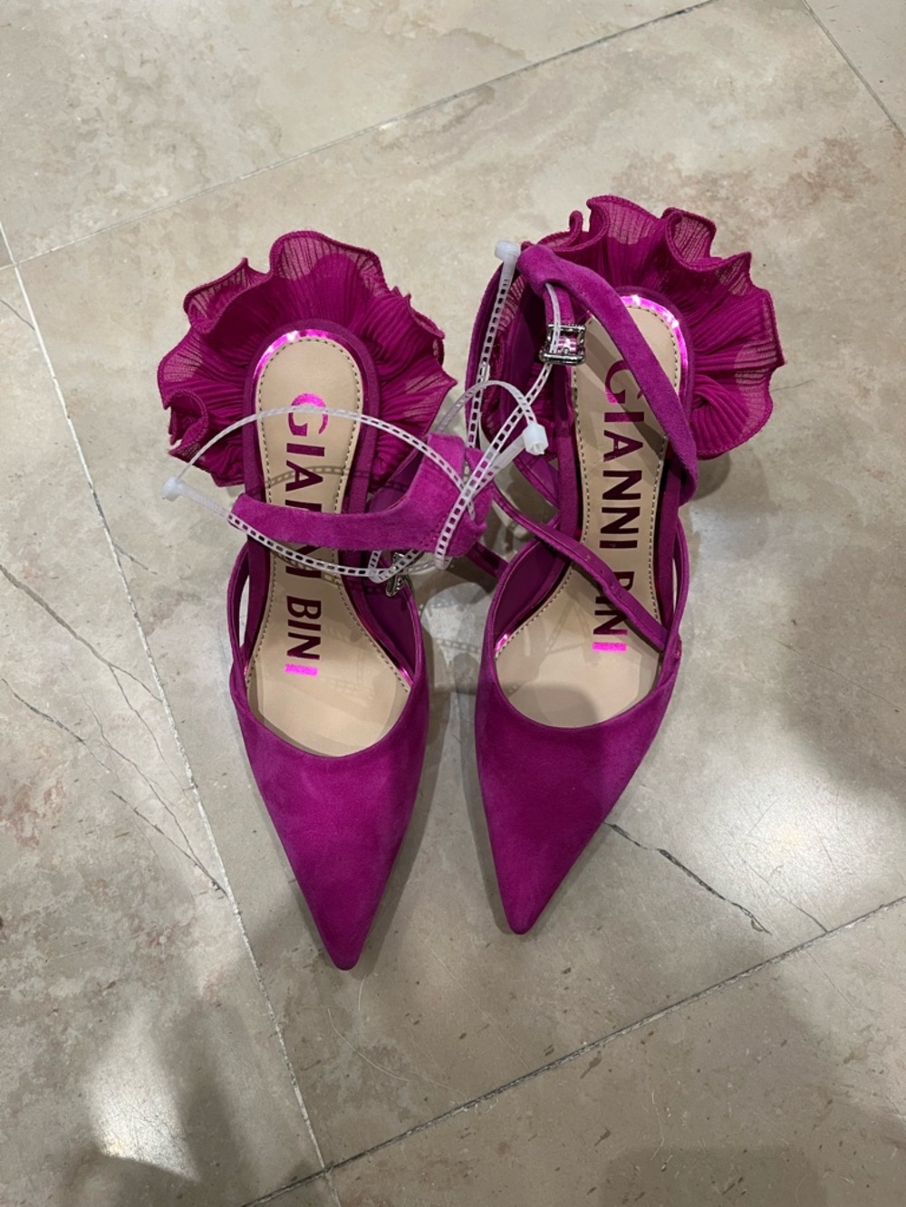 Gianni Bini Magenta Ruffle Ankle-Strap Pointed Heels